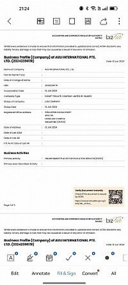 Certificate of Registration of AUUI by the Accounting and Corporate Regulatory Authority (ACRA) in Singapore