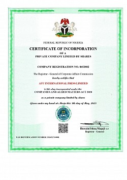 Certificate of Incorporation of the AUUI Pan-African Research Journals